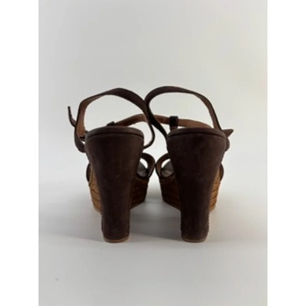 UGG Women Brown Suede Raffia Platform Wedge Sandals T-Strap Ankle Buckle Size7.5